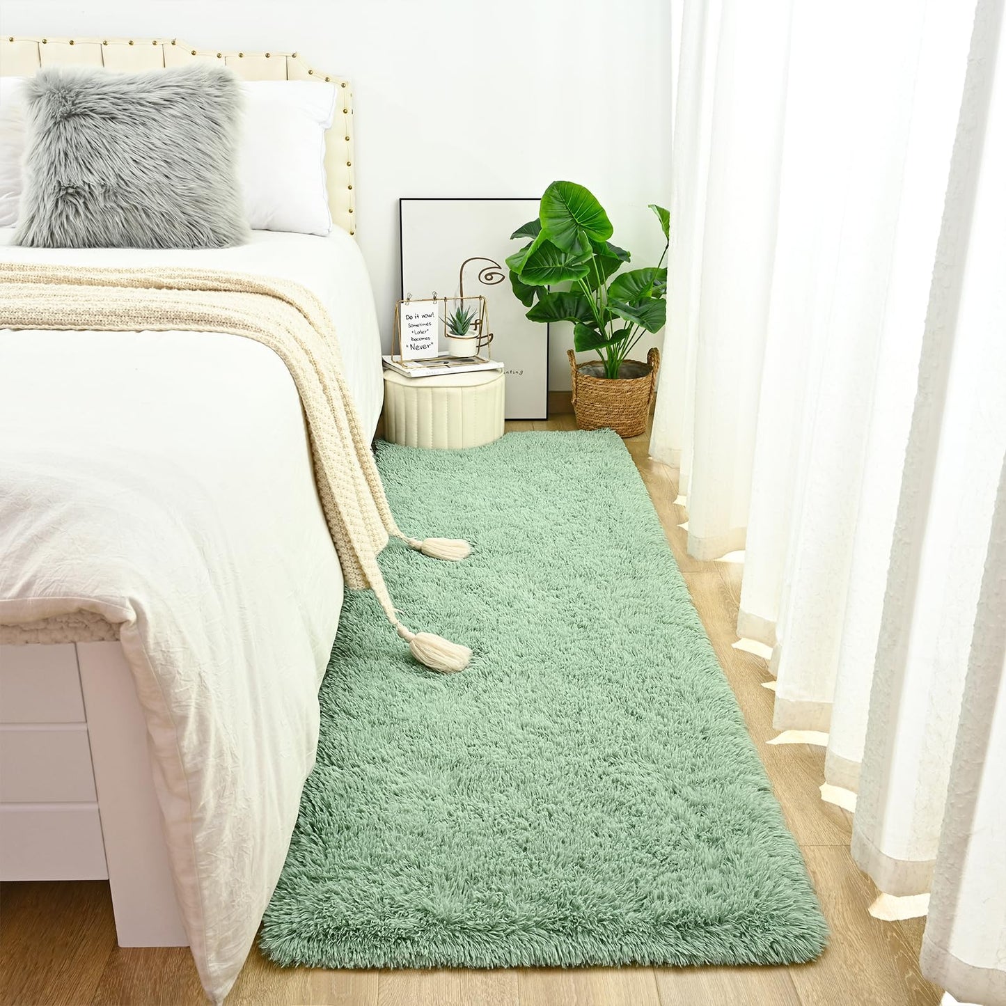 DweIke Fluffy Sage Green Runner Rugs for Bedroom, 2x6 Feet Soft Plush Long Runners for Girls Boys Kids, Non-Slip and Machine Washable Bedside Rug, Small Throw Carpet for Hallway Rooms Decor