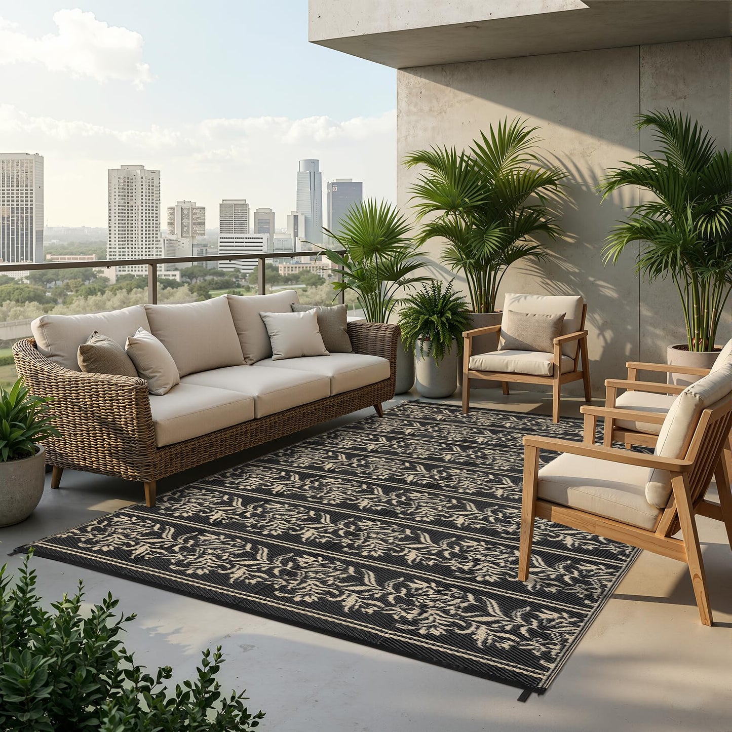 GarveeHome Outdoor Rug 9x12 Waterproof for Patio, Reversible Outdoor Plastic Straw Rug, Wallpaper Flower Indoor Outdoor Mat Carpet for RV, Camping, Deck, Backyard, Picnic, BlackCoffe