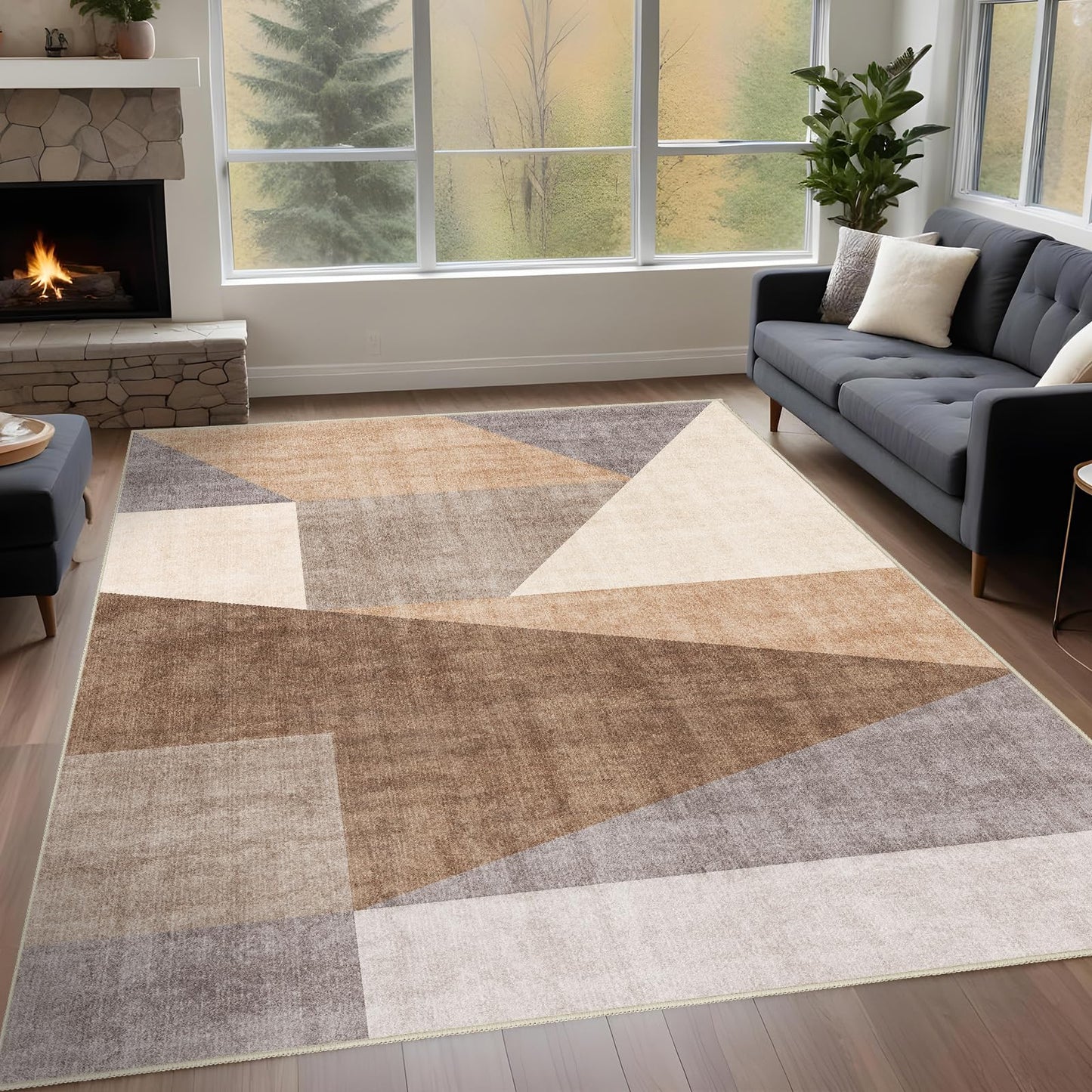 Puino Washable Modern Area Rug: 5x7 Geometric Area Rugs for Living Room & Bedroom with Non-Slip Backing Modern Geometric Carpet for Living Room Brown 5'x7'.