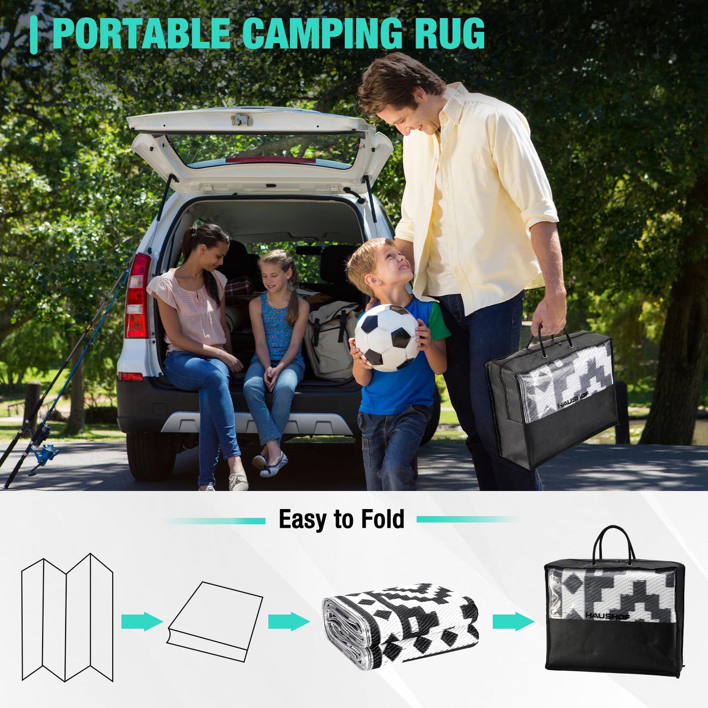 HAUSHOF 5'X8' Outdoor Rug Waterproof with LED Strip Light, Reversible Outdoor Plastic Straw Rug, Patio Rug with 4 Rug Stakes, Outdoor Carpet Mat for RV, Camping, Beach, Porch, Balcony, Black&White
