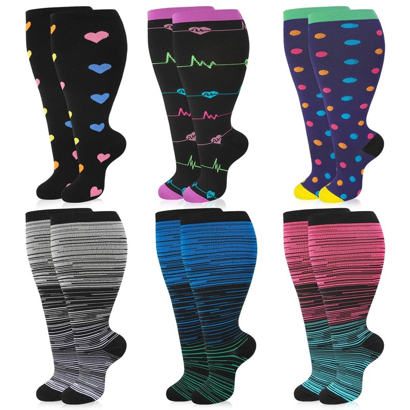 Jspupifip 6 Pairs Plus Size Compression Socks for Women Wide Calf Extra Large Knee High Support for Travel Yoga Running Circulation, 3X-Large