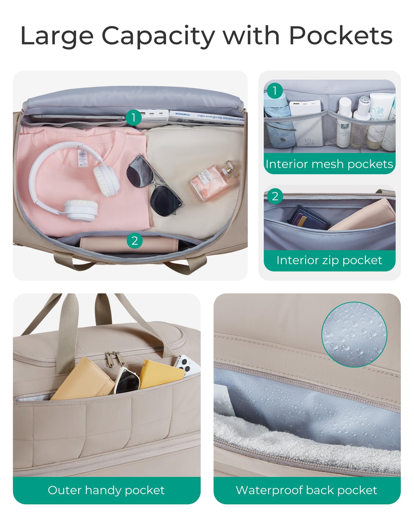 BAGSMART Rolling Duffle Bag with Wheels, Carry On Bag Duffel Bag for Travel, Wet Pocket Duffle with Wheels and Handle, Khaki, 40L