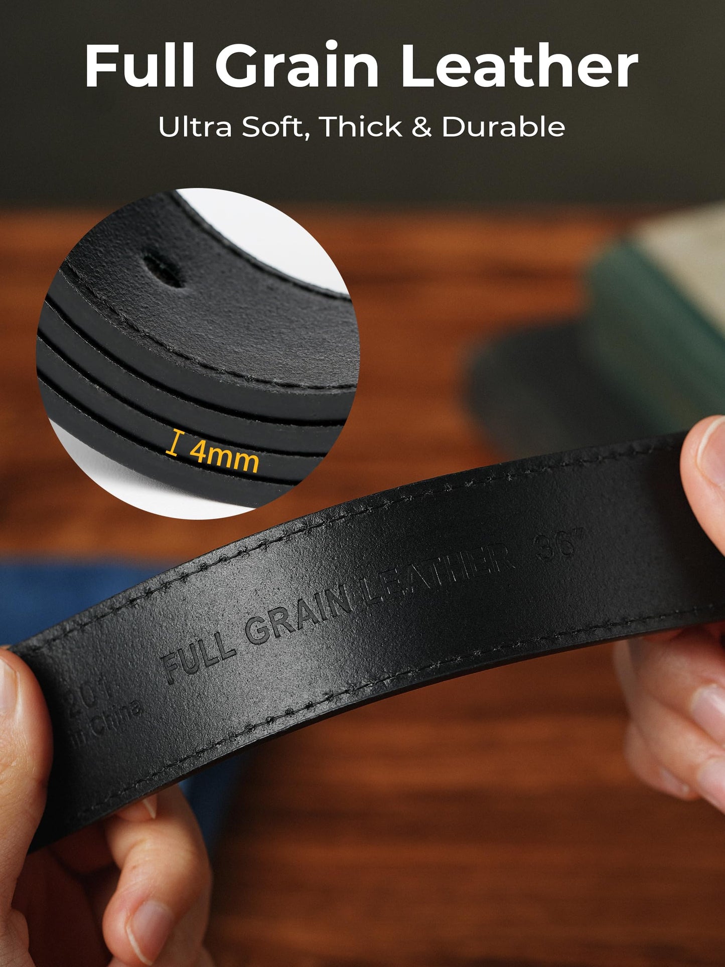 MILORDE Men's 35mm Jean Leather Belt，Handmade, Full Grain Leather for Jeans Casual daily Wear (Black 201, 30)