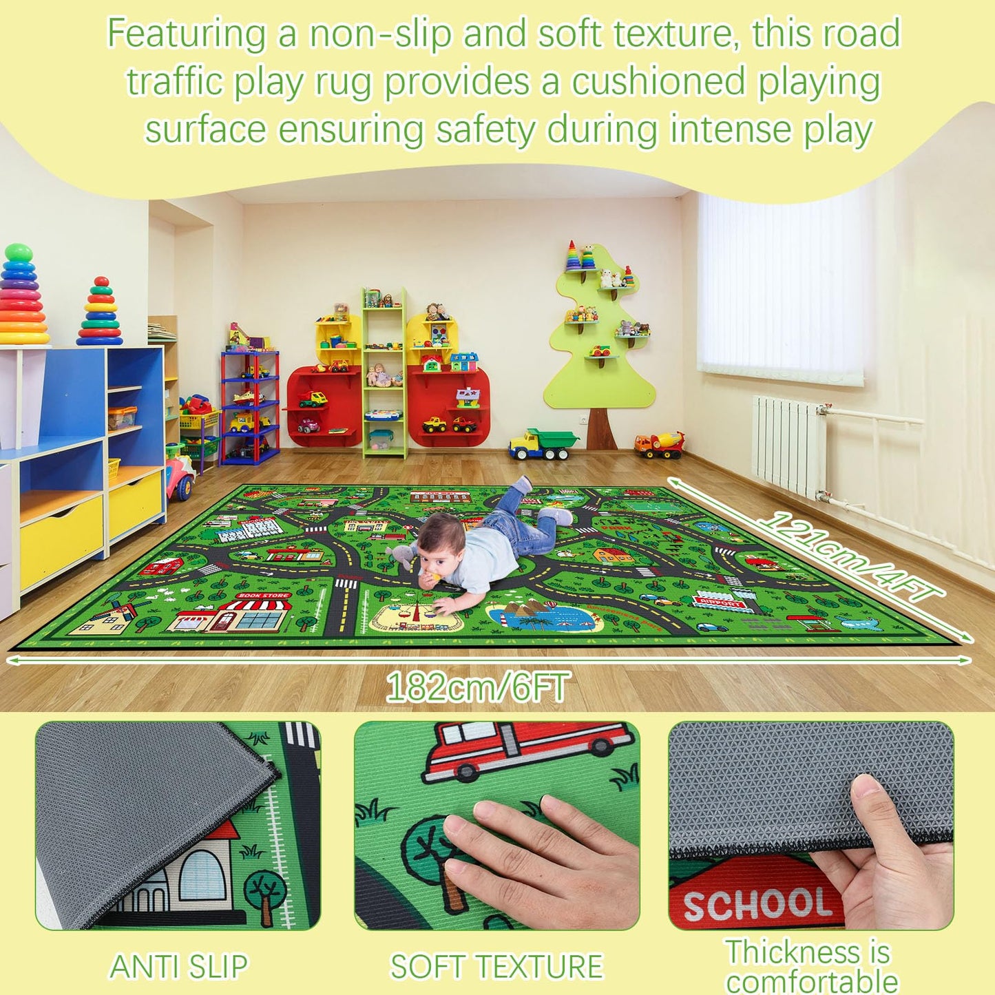 Tinideya Kids Playmat Rug 4x6 ft, Non-Slip Rubber Backing Traffic Road Playmat, Cars Play Mat for Toddler Children Playroom Classroom Bedroom(Green, Traffic Road)