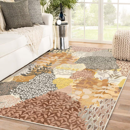 DEXDE 5x7 Area Rugs, Washable Non-Slip Abstract Boho Soft Rug for Living Room Bedroom,Leaves Floral Print Large Carpet for Entryway, Kids Playroom, Office,Camel