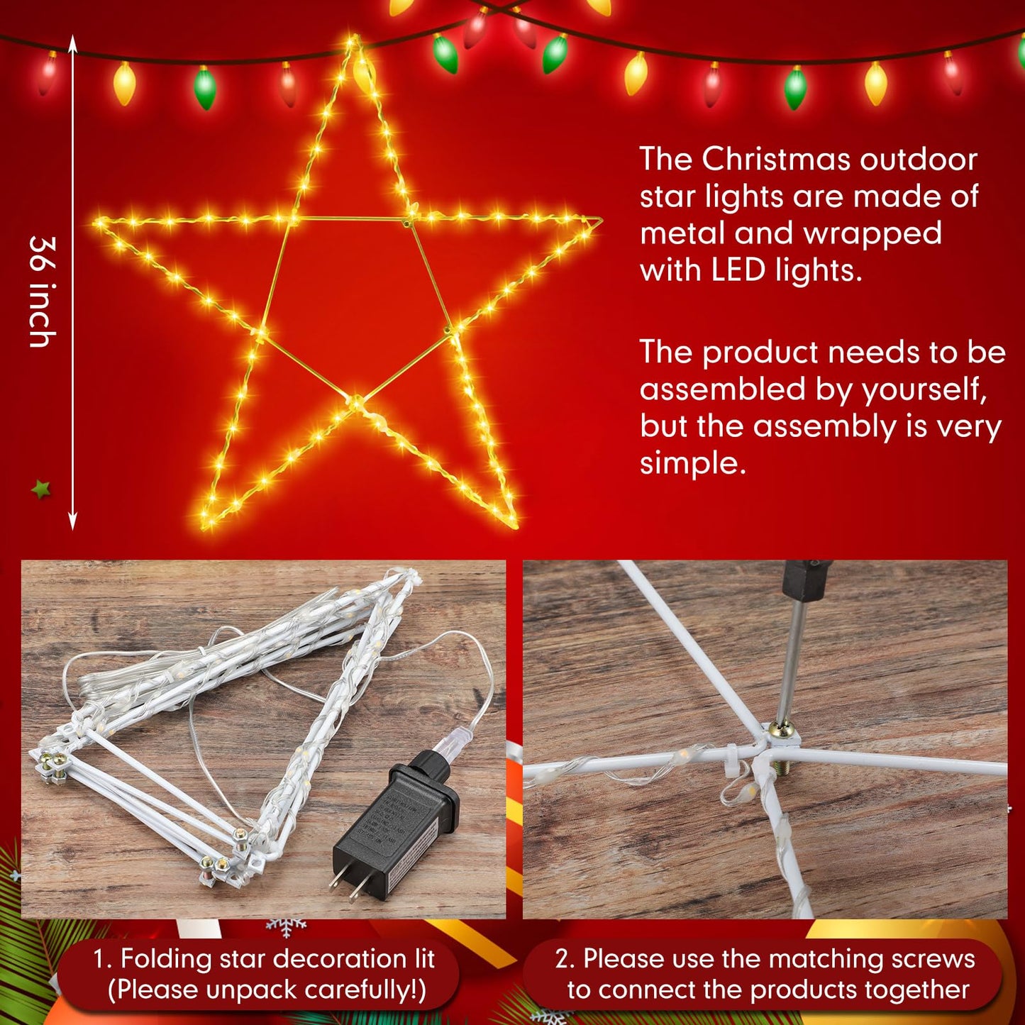 Retisee 32 Inch Large Lighted Christmas Star Warm White LED Xmas Outdoor Light up Star Motif for the Top Wall Hanging Christmas Home Indoor Outdoor Patio Porch Party Holiday Decor
