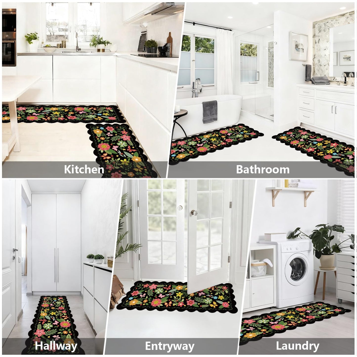 Black Kitchen Mats for Floor 3 Piece Set, Floral Scalloped Kitchen Rugs and Mats Set, Soft Cushioned No-Slip Resistant Kitchen Mats for Floor, Washable Runner Rug for Kitchen Sink, Laundry, Office
