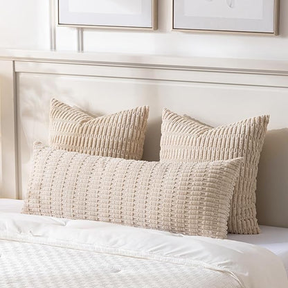 Fancy Homi Tan Long Body Lumbar Decorative Throw Pillow Cover 14x36 Inch for Bed Couch Bedroom Bench, Soft Corduroy Rectangle Solid Pillow Case 35x91 cm, Beige Rustic Farmhouse Boho Room Decor