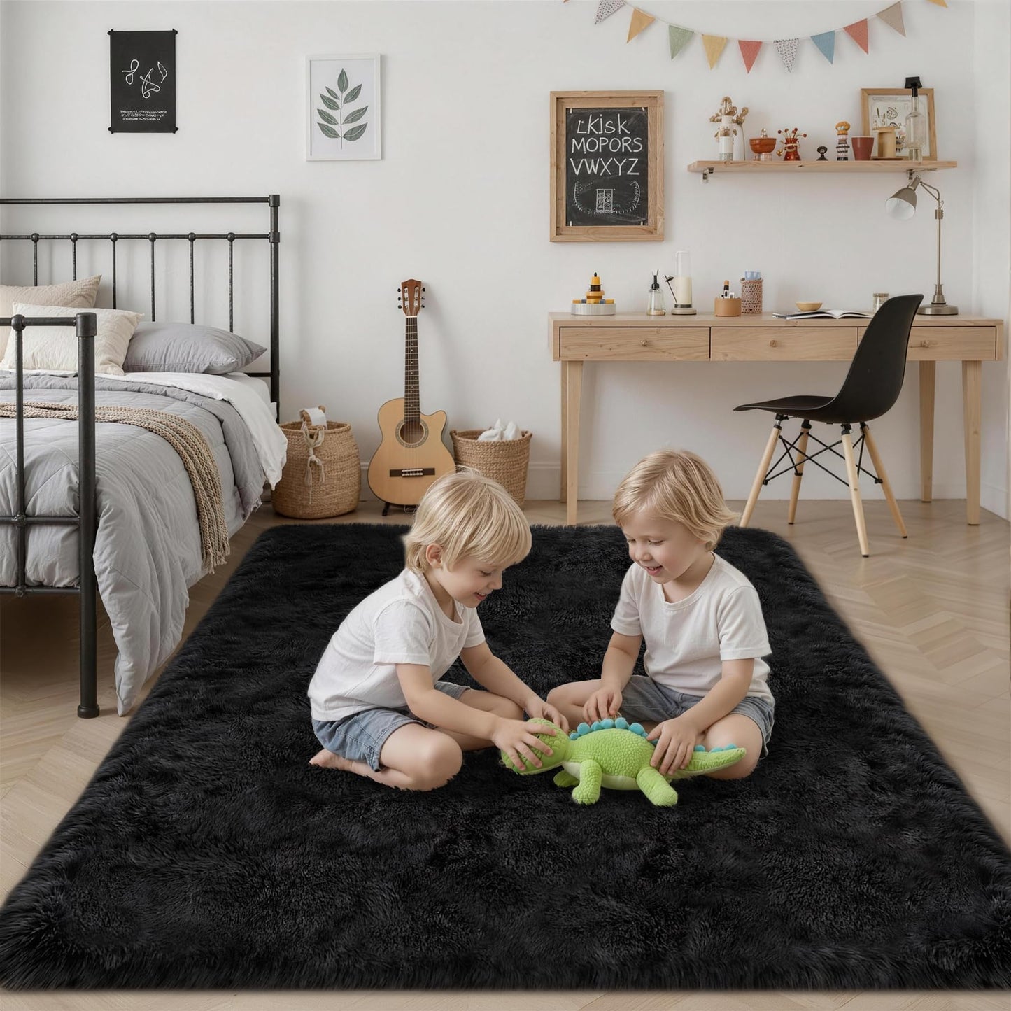 Fluffy Area Rugs 9x12 Living Room Bedroom: Ultra Soft Shag Rug Upgrade Non-Slip Non-Shedding Large Fuzzy Plush Carpet Indoor Floor Carpets for Kids Room Playroom Nursery Dorms Home Decor Black