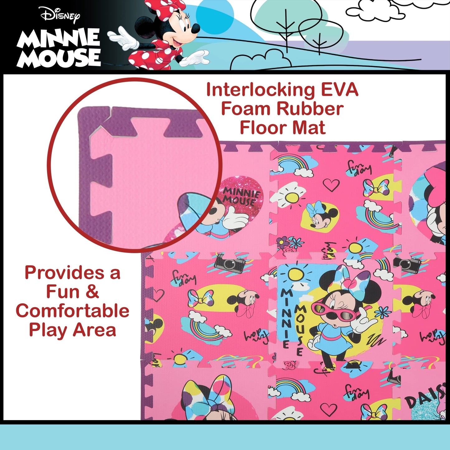 Disney Minnie Mouse Daisy Duck EVA Foam Mat, Cool Summer Interlocking Flooring Tiles, Pink, 36 x 36 Inches