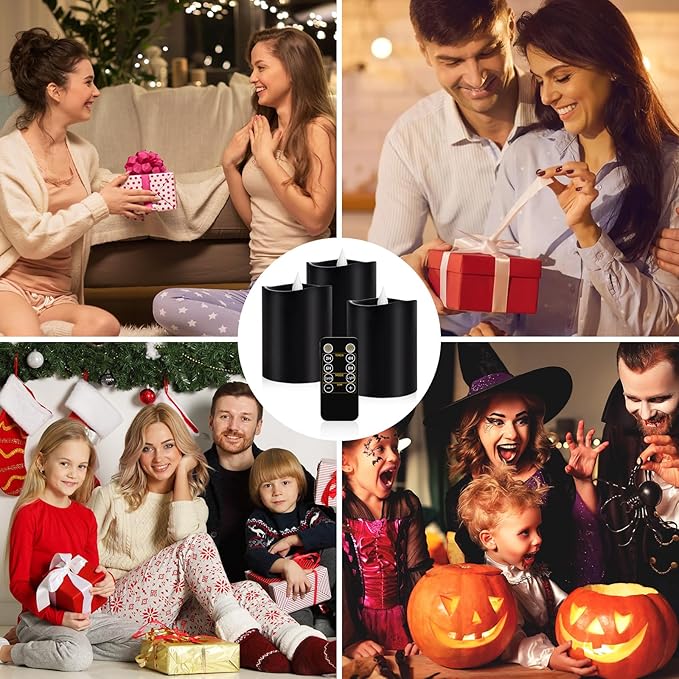 Black Pillar Flameless Candles - 3D Flickering, Remote Timer, Battery Operated, 600+ Hours, Halloween & Gothic Themed Decor (Black, 3"*4"-3pcs)