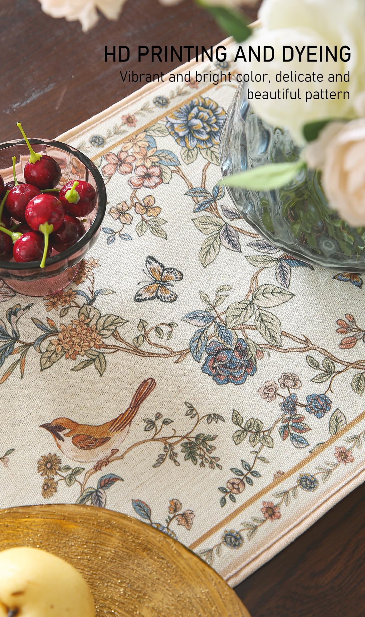 ISAENNE Designer Linen Table Runner 118 Inches Extra Long,Elegant Floral Bird Pattern Table Runners for Dining Room,Farmhouse Rustic Kitchen Decor,Thanksgiving,Christmas,12"*118"-Cornucopia