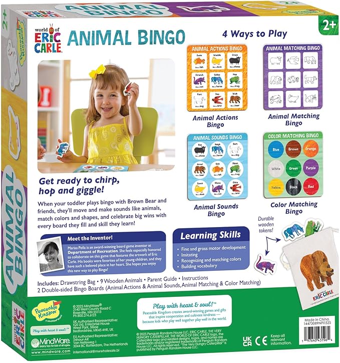 World of Eric Carle: Animal Bingo Game – Wooden Toddler Bingo Set Featuring Brown Bear – Learn Animal Sounds Movements Colors &amp Matching – Preschool Game for Ages 2+