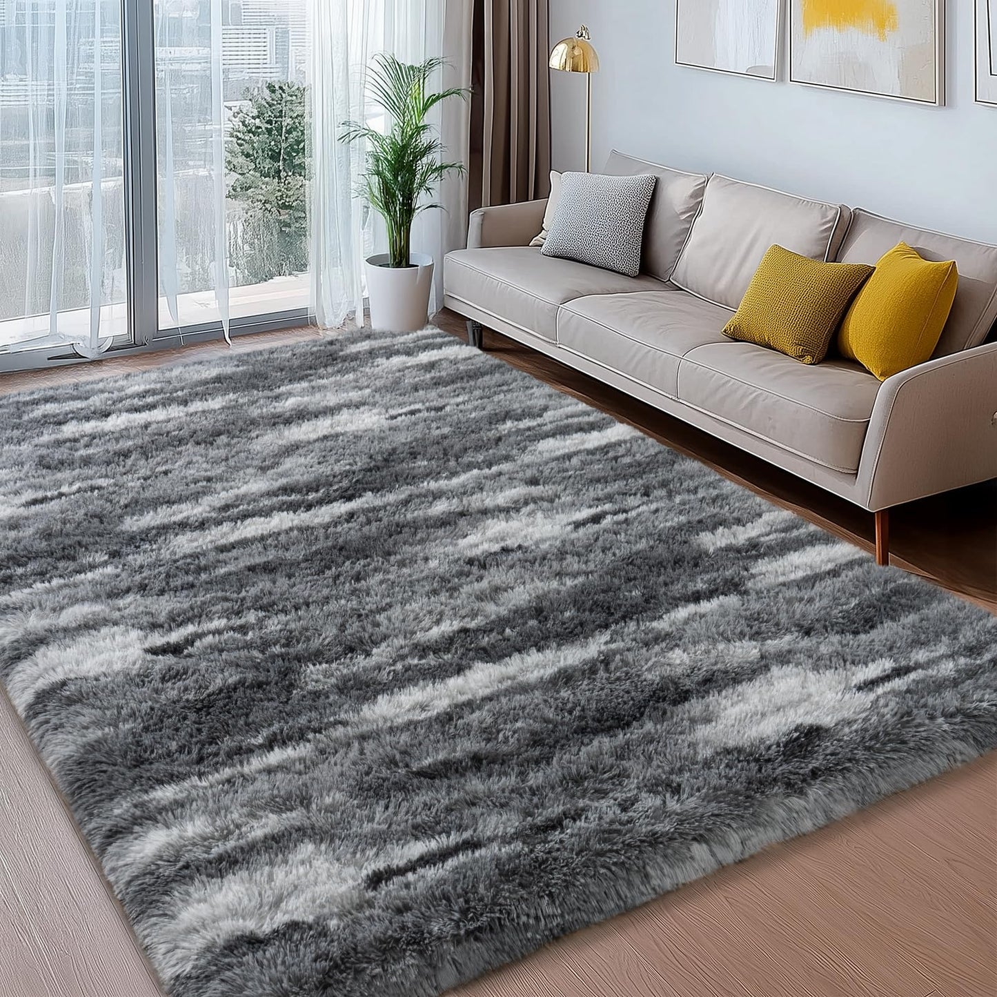 Ailyei Shag Rugs for Living Room 8x10, Ultra Soft Abstract Grey Big Fuzzy Rugs for Bedroom, 8 x 10 Fluffy Shaggy Plush Carpet Girls Kids Room Dorm Upgrade Non-Slip