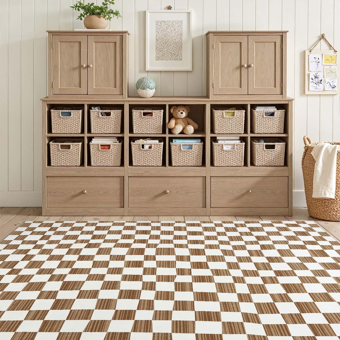 jinchan 5x7 Brown Checkered Area Rugs for Kids Room - Machine Washable Rug Modern Neutral Geometric Lattice Soft Non-Slip Carpet for Nursery Playroom Classroom Living Room Bedroom Home Office