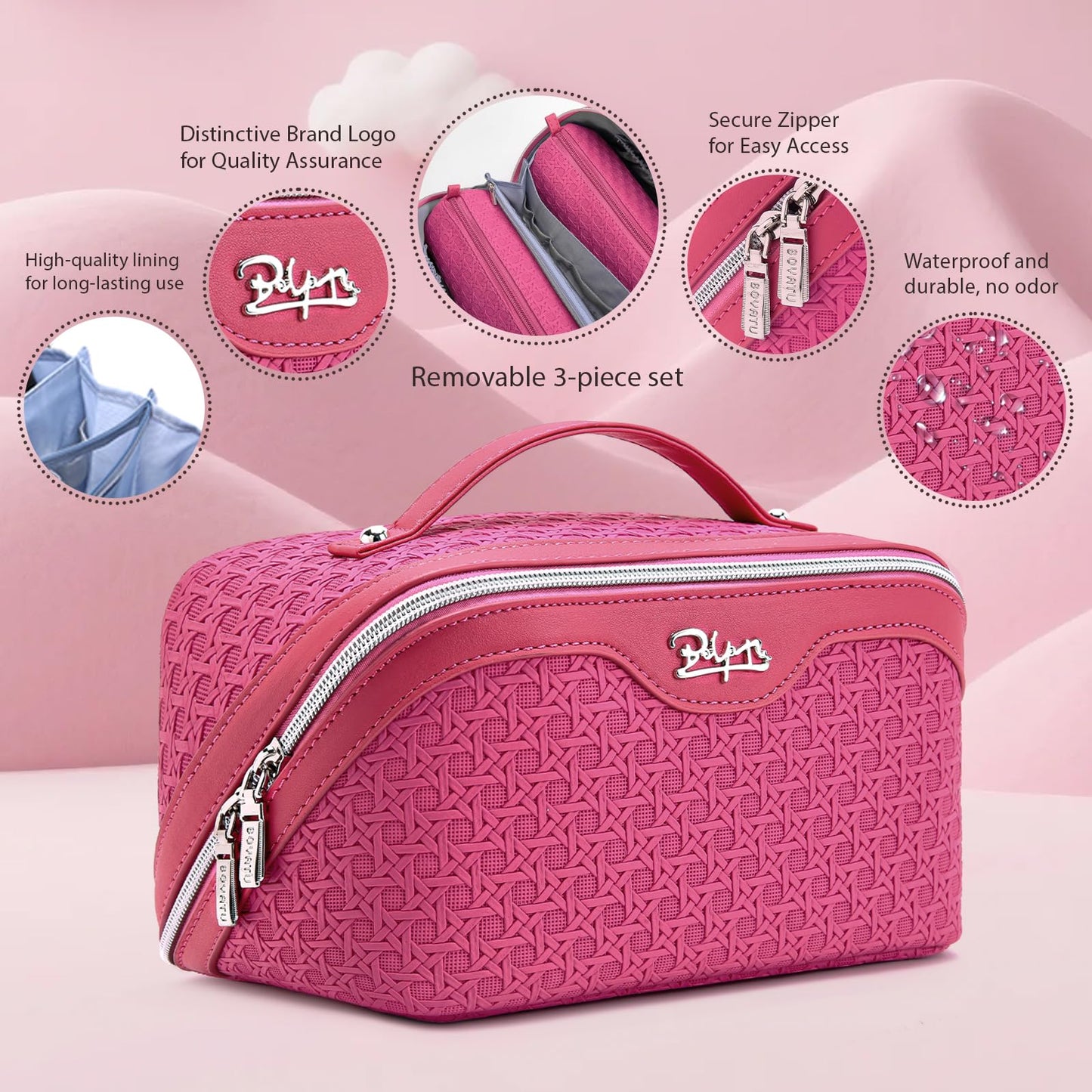 BOYATU Travel Makeup Bag Cosmetic Bags for Women: Large Capacity 3 Pcs Set Make up Bag with Compartments - Waterproof Vegan Leather Toiletry Organizer Bags with Handle (M-73Rose)