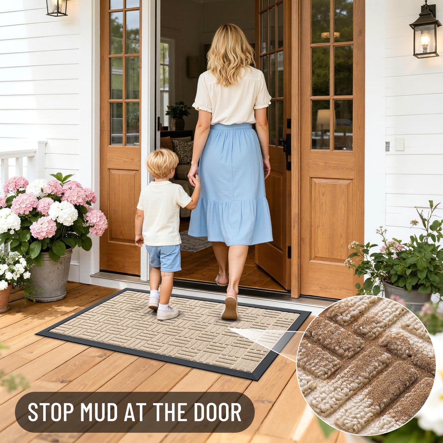 OLANLY Front Door Mat Outside Entrance 29.5x17, Absorbent, Heavy Duty Sturdy Natural Rubber Doormat Indoor Outdoor, Non-Slip, Stain and Fade Resistant, Low Profile Floor Mat for Entryway, Latte White