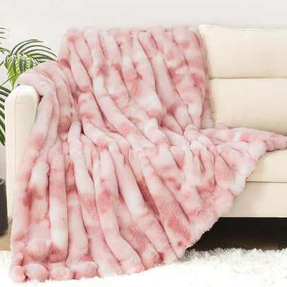 Touchat Luxury Faux Rabbit Fur Twin Blanket for Couch, Super Heavy Warm Cozy Throw for Sofa Bedroom Living Room, Ultra Soft Fluffy Reversible Plush Blankets for Home Decor Gifts, Tie-dye Pink