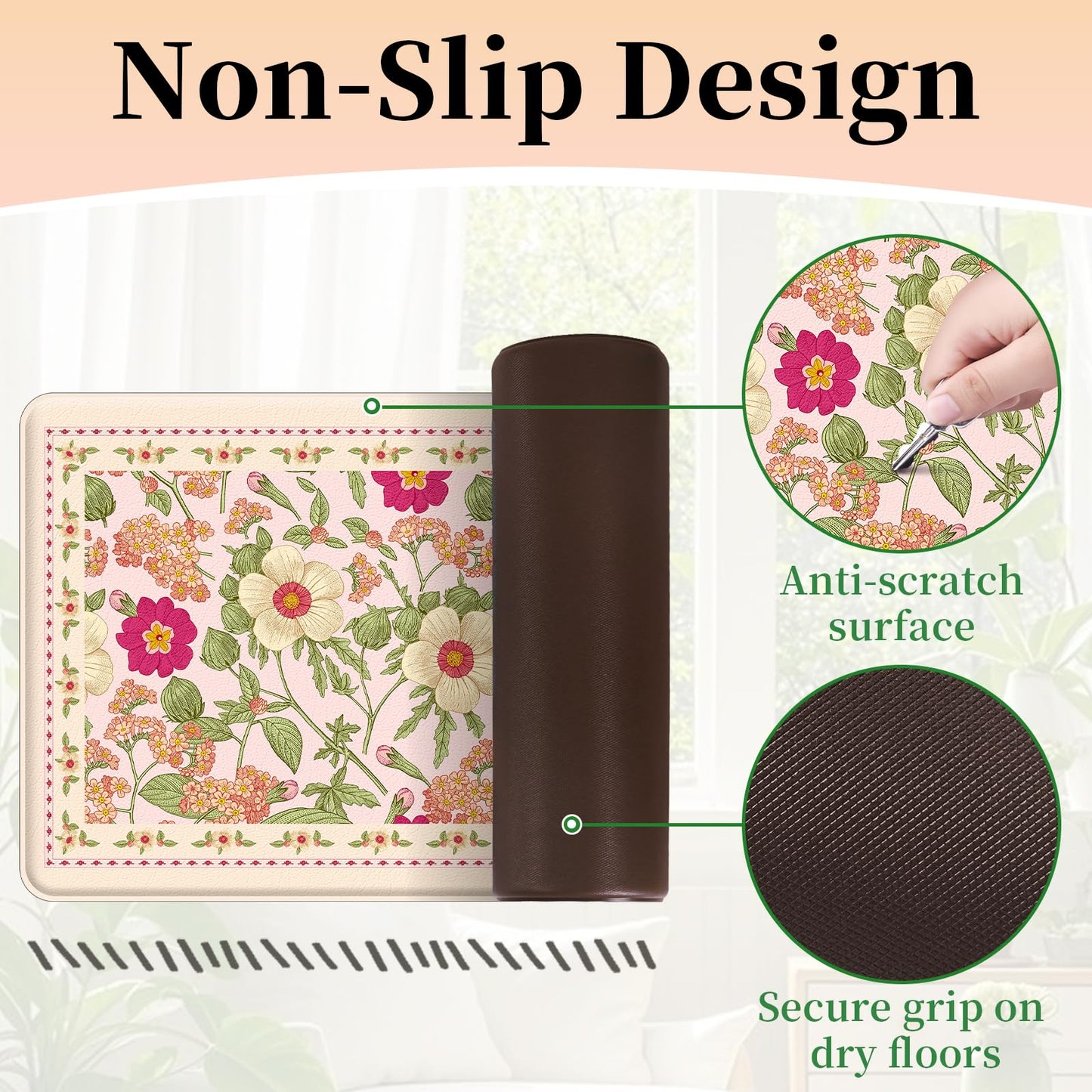 CHICNOOK Non-Slip Kitchen Mats, PVC Anti-Fatigue Kitchen Rugs Set of 2, Floral Runner Rugs for Kitchen Sink Area, Office, Hallway, Laundry, Entryway, Bedroom, 18x30,18x48 Inch,Pink