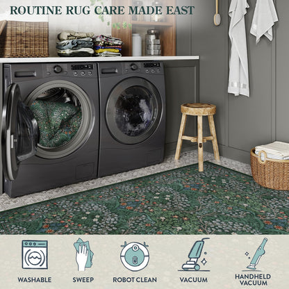 Lahome Dark Green Bedroom Rugs 5x7, Soft Washable Rugs for Dining Room, Boho Non Slip Low Pile Forest Stain Resistance Floral Carpet for Living Room Office Giverny, Dark Green