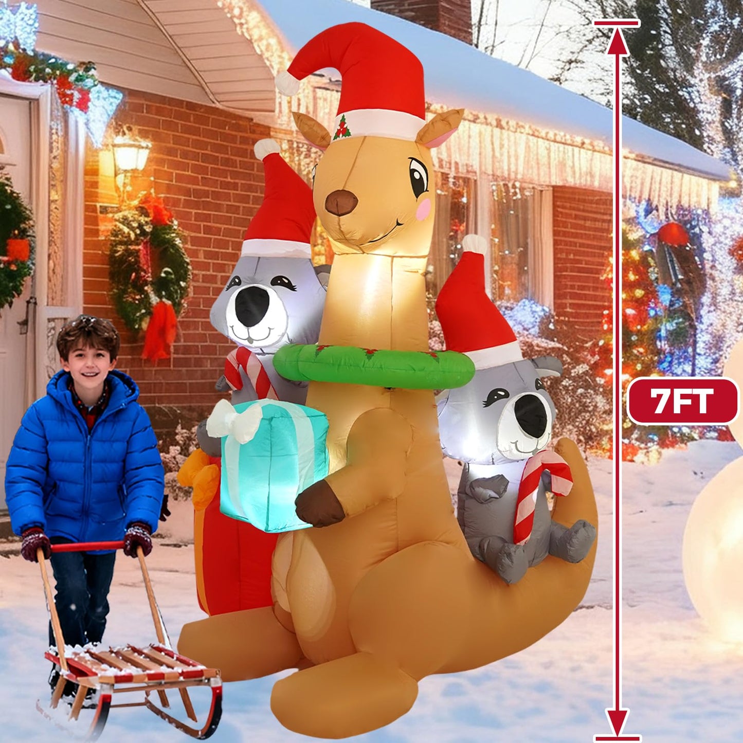 InfleasJoiy 7FT Kangaroo Koala Inflatable Decoration with Built-in LED Lights, Christmas Outdoor Inflatable Decoration for Lawn, Yard, Garden, Patio