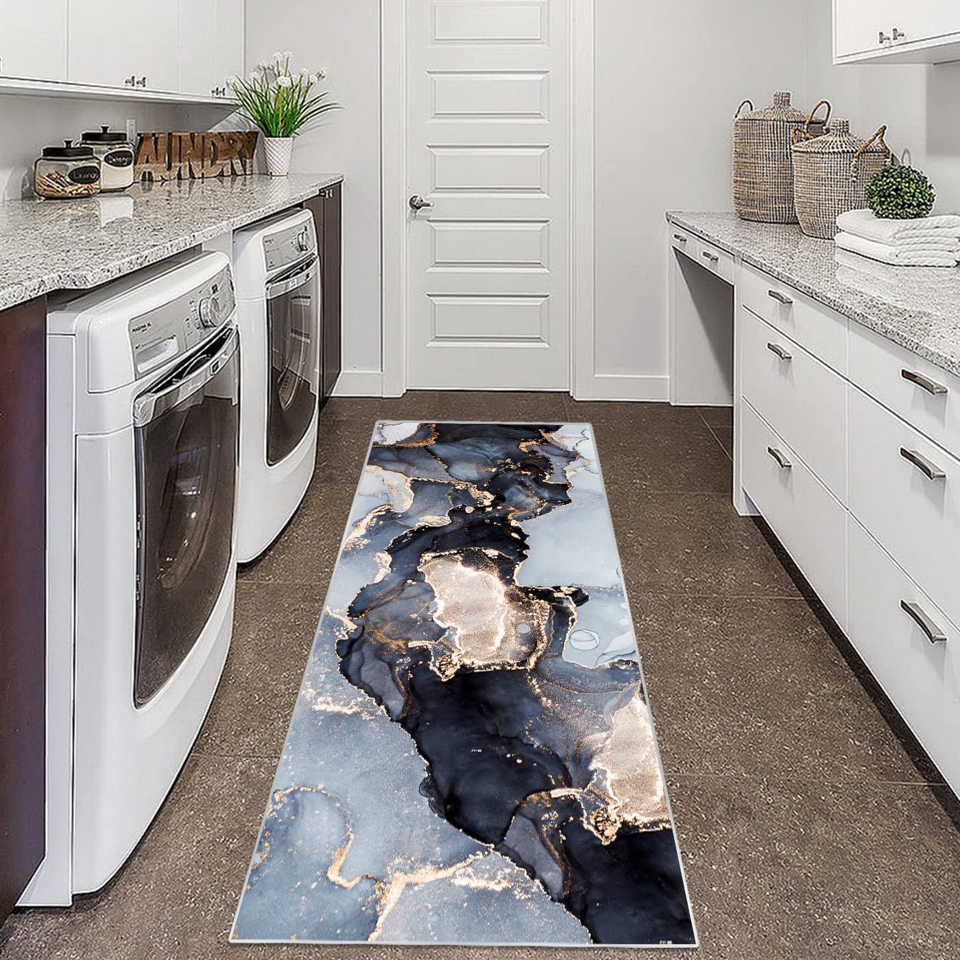 Hallway Runner Rug, Luxury Modern Abstract Marble Texture Carpet for Entryways Hallways Bedroom Laundry Room Kitchen Floor Runner (Blue, 2x6 Ft)