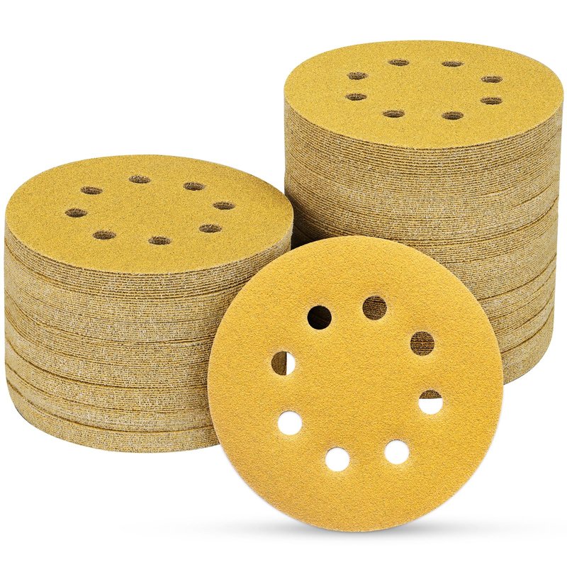 POTUINOM 100PCS 5 Inch 8 Hole Sanding Discs 120 Grit,Gold Round Hook and Loop Sandpaper for Random Orbital Sander