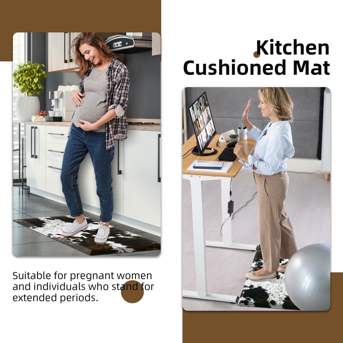 Tyrot Cowhide Kitchen Mat Cushioned Anti Fatigue - 1/2 Inch Thick Western Cow Kitchen Mats for Floor, Non Slip PVC Waterproof Standing Desk Ergonomic Comfort Rugs for Sink, Office, Laundry, 17.3x28