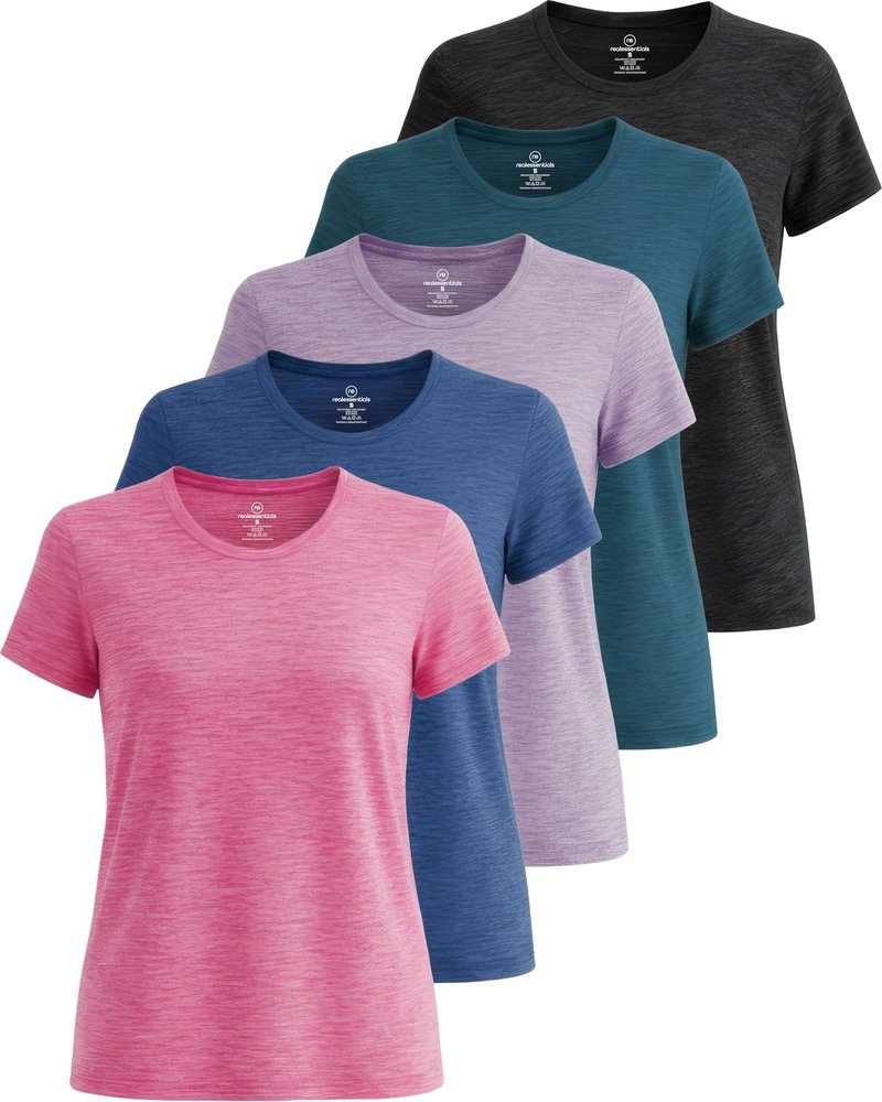 Real Essentials 5 Pack: Women's Short Sleeve T-Shirts Workout Tops Fitness Pilates Gym Activewear Athletic, Set 7, L, Pack of 5