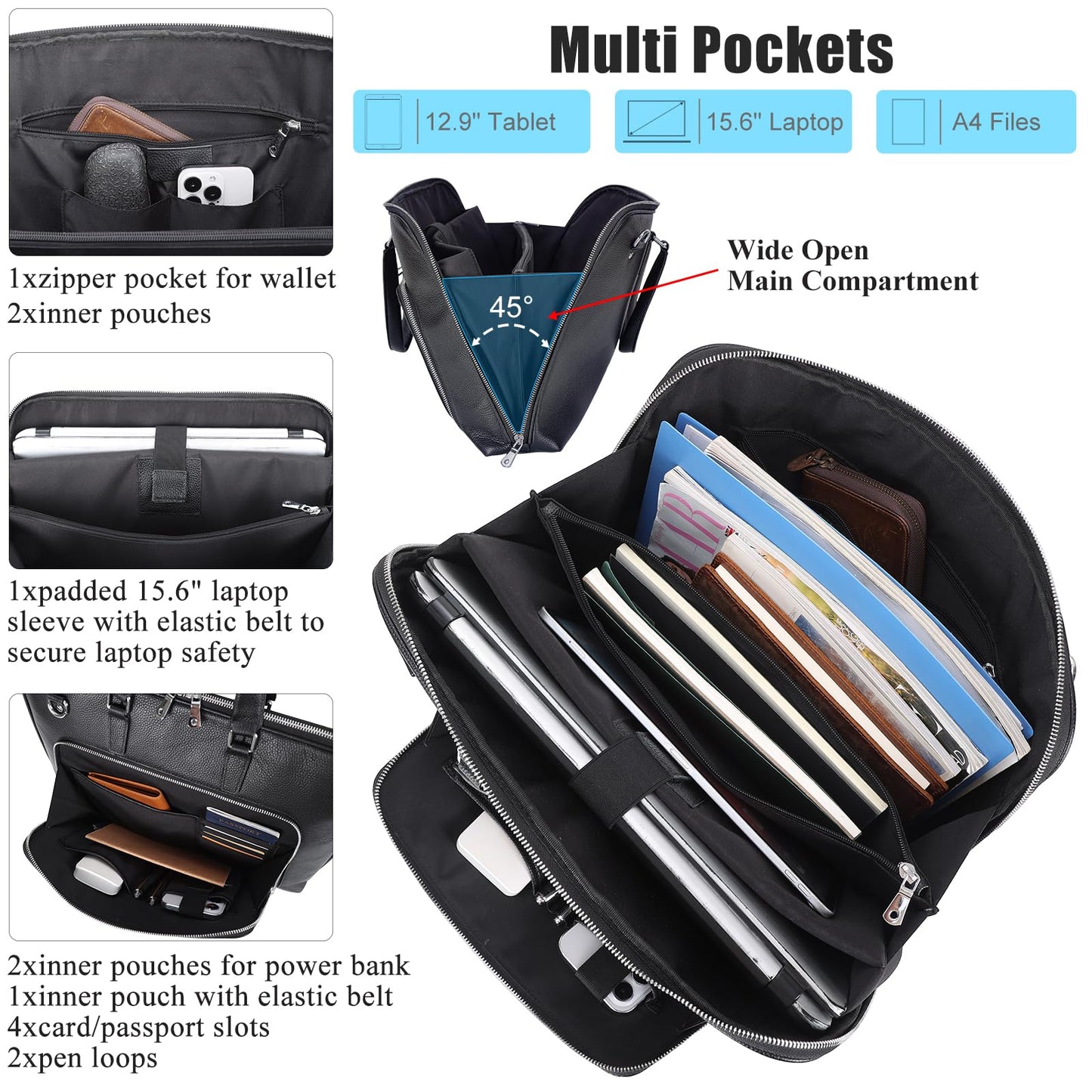 Masa Kawa Black Leather Slim Briefcase for Men Women Fits 15.6-16 Inch Laptop Professional Business Messenger Crossbody Shouder Bag Lawyer Ladies Office Work Brief Attche Case, Large