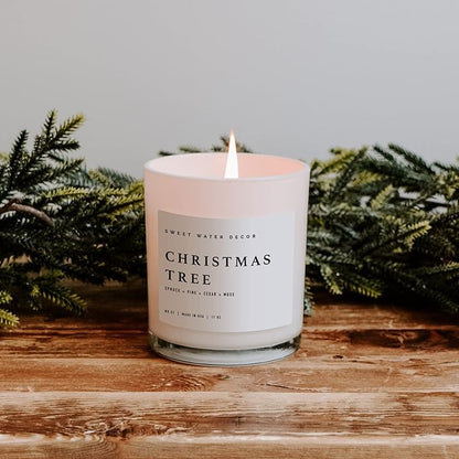 Sweet Water Decor Christmas Tree Soy Candle - Pine Needles, Cedarwood, Cypress, and Evergreen Holiday Scented Candles for Home - 11oz White Jar + Wood Lid, 50+ Hour Burn Time, Made in The USA