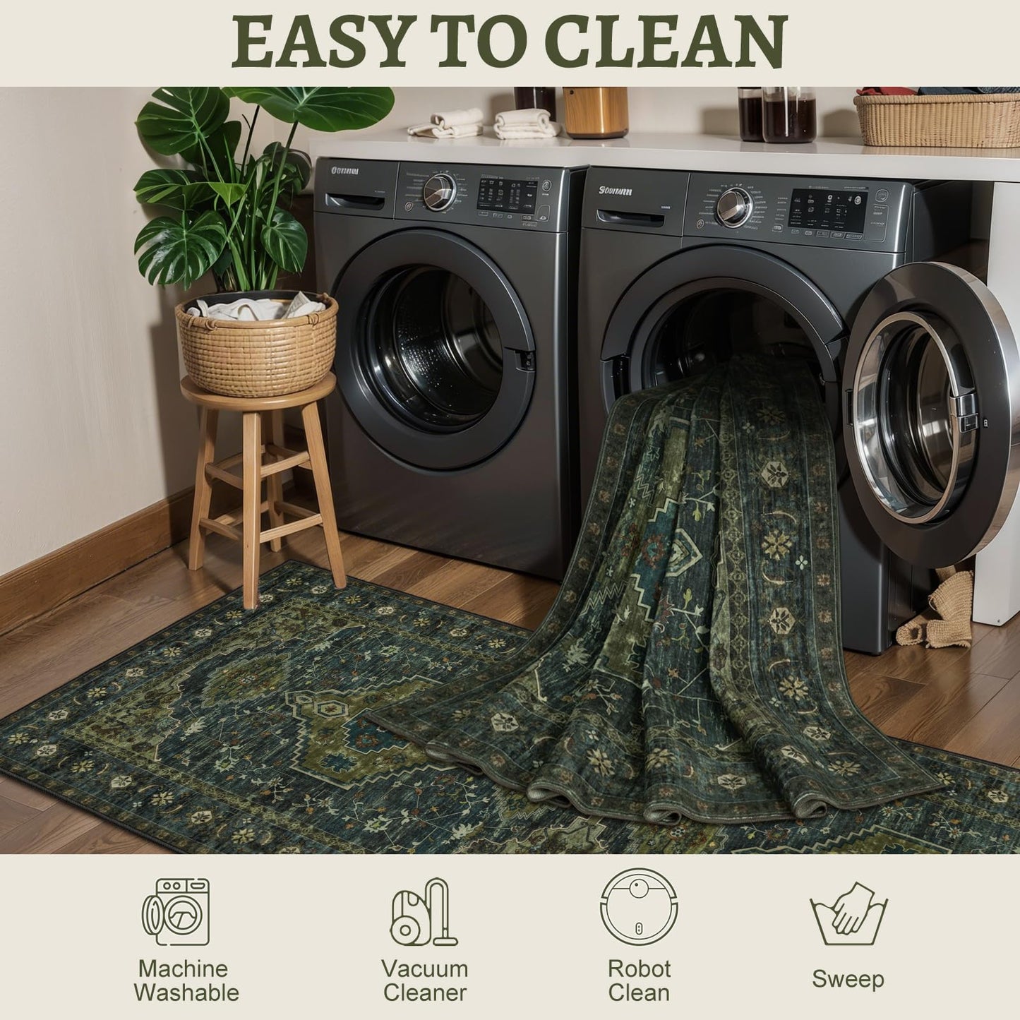 Tangsoo 3x8 Washable Runner Rug for Hallways, Non Slip Vintage Runner Rug, Soft Low Pile Long Rug Runner, Print Distressed Green Carpet Runners for Kitchen Bedroom Entryway Bathroom Living Room
