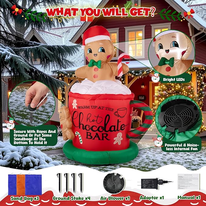 6.5FT Giant Inflatable Gingerbread Man with LED Lights, All-Weather Outdoor Christmas Decoration, Hot Chocolate Mug Yard Decor
