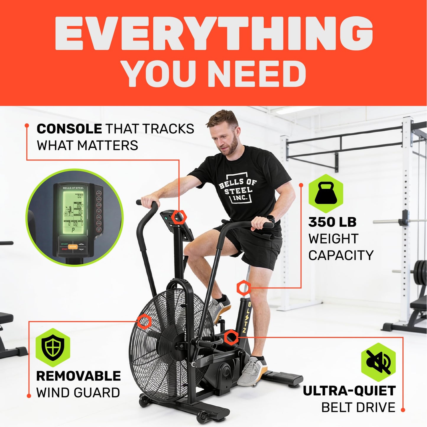 Air Bike [Bells of Steel] Fan Bike Exercise Bike, Blitz Cardio Bike, Belt Driven Air Bike Exercise Machine with Phone and Bottle Holder – 25in Fan Diameter, 350lb Capacity Stationary Bike