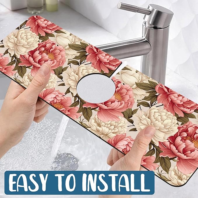Beautiful Peony Sink Splash Guard Bright Peonies Faucet Absorbing Mat Fast