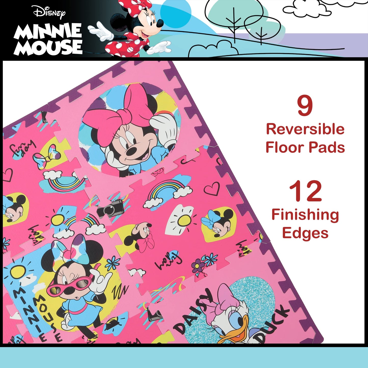 Disney Minnie Mouse Daisy Duck EVA Foam Mat, Cool Summer Interlocking Flooring Tiles, Pink, 36 x 36 Inches