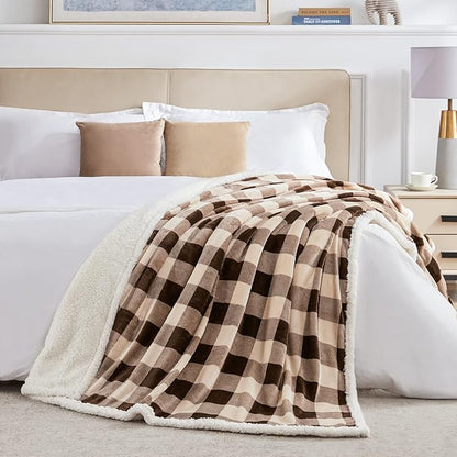 Touchat Sherpa Buffalo Plaid Christmas Twin Blanket 60" X 70", Fuzzy Fluffy Soft Cozy Throw Blanket, Fleece Flannel Plush Microfiber Blanket for Couch Bed Sofa(Brown)