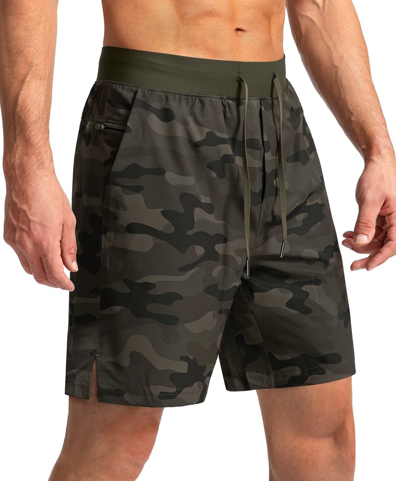 Soothfeel Men's Running Shorts with Zipper Pockets 7 Inch Lightweight Quick Dry Gym Athletic Workout Shorts for Men (Green Camo, XXL)