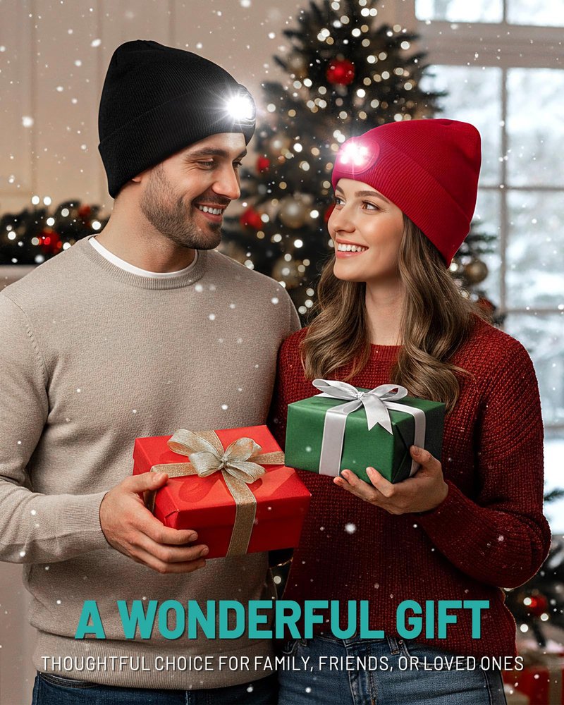 AOPREL Beanie with The Light, Unisex USB Rechargeable Headlamp Winter Knitted Cap for Men Dad Husband Black