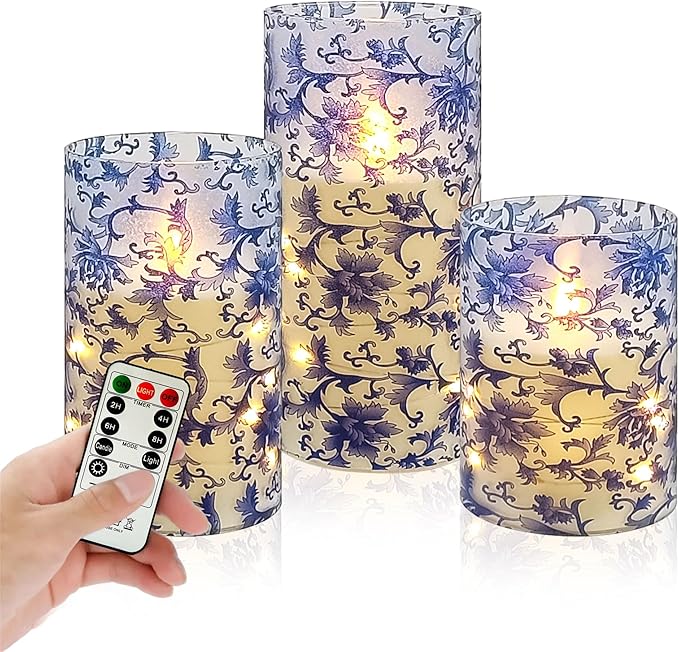 Printed Flameless Candles with String Lights - Set of 3 Blue and White Battery Operated Candle Flickering Floral LED Pillar Candles with Timer Remote for Home Decor Romantic Ambiance,BW