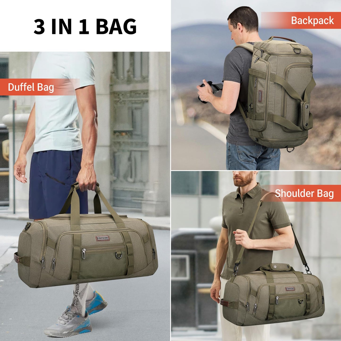 WITZMAN Canvas Duffel Bags for Men Traveling 3 in 1 Backpack Carry-on 40L Weekender Overnight Bag with Shoe Compartment(A8006/2 Army Green)