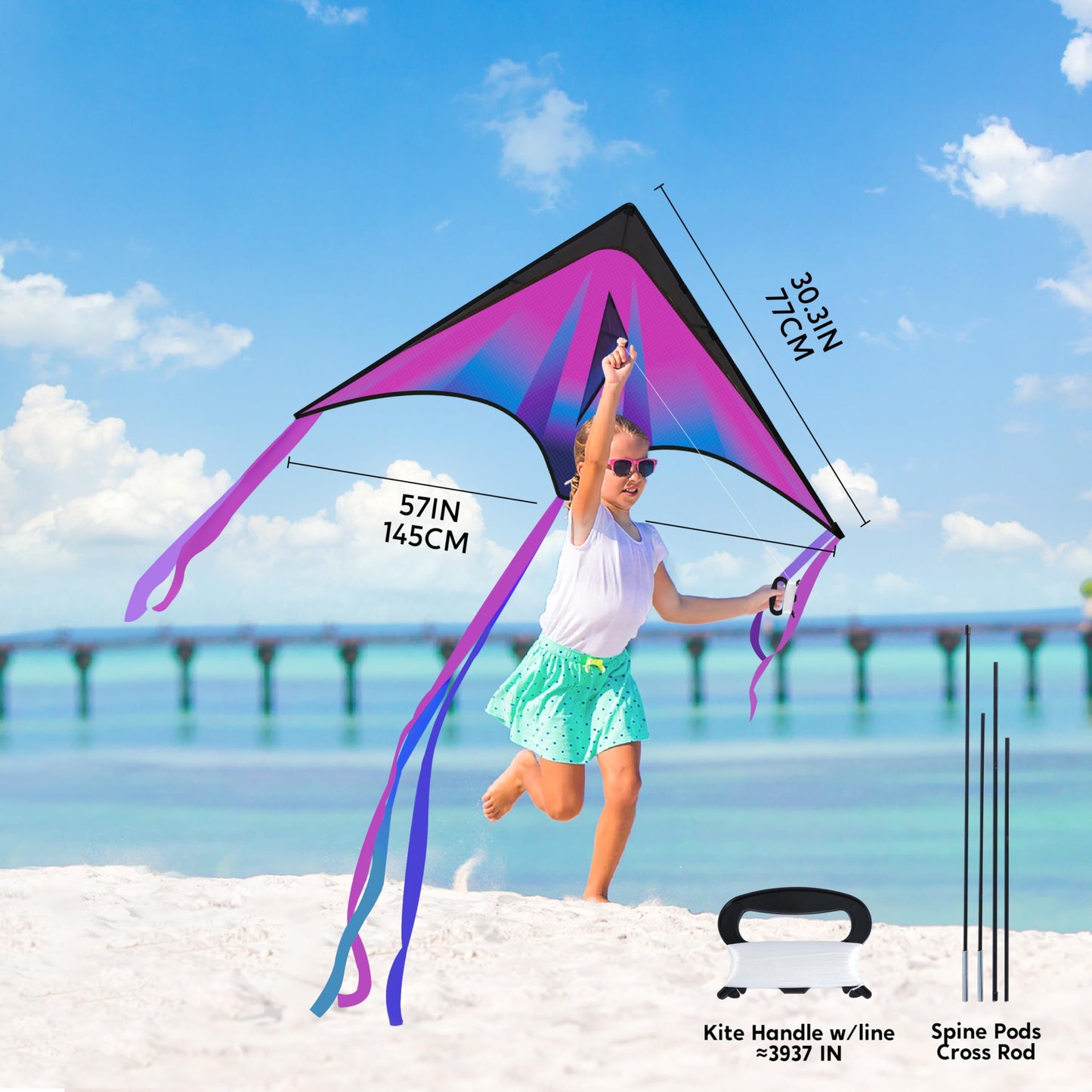 JOYIN Large Delta Kite Red, Green and Purple, Easy to Fly Huge for Kids and Adults with 262.5ft String, Large Delta Beach Kite for Outdoor Games and Activities