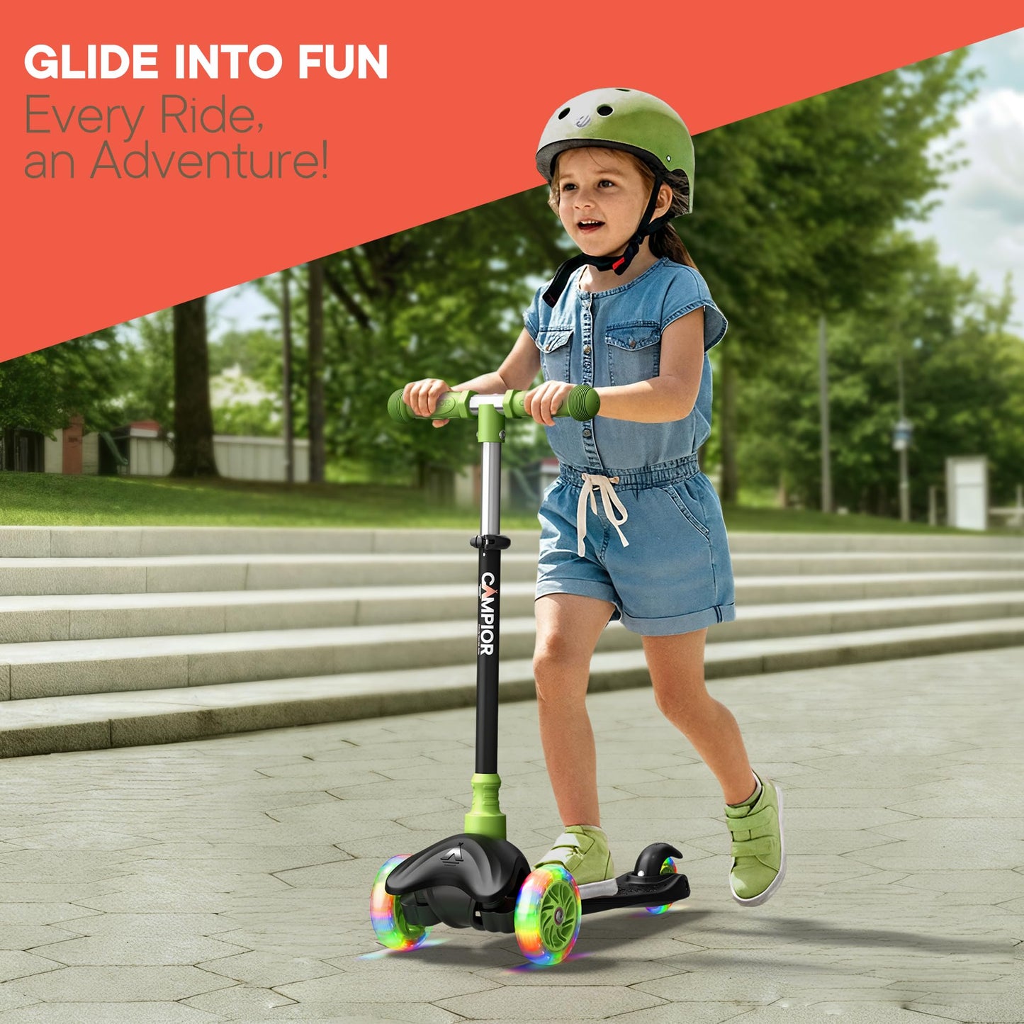 Black & Green Mini 3 Wheel Scooter for Kids – Lean-to-Steer with LED Light-Up Wheels, Adjustable Handlebar, Wide Anti-Slip Deck, Smooth PU Wheels, Rear Foot Brake – Toddler Scooter for Ages 2+