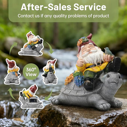 Solar Gnome on Turtle Statue Light, Weatherproof Resin Garden Decor Auto On/Off - Whimsical Night Glow for Fairy Garden,Yard