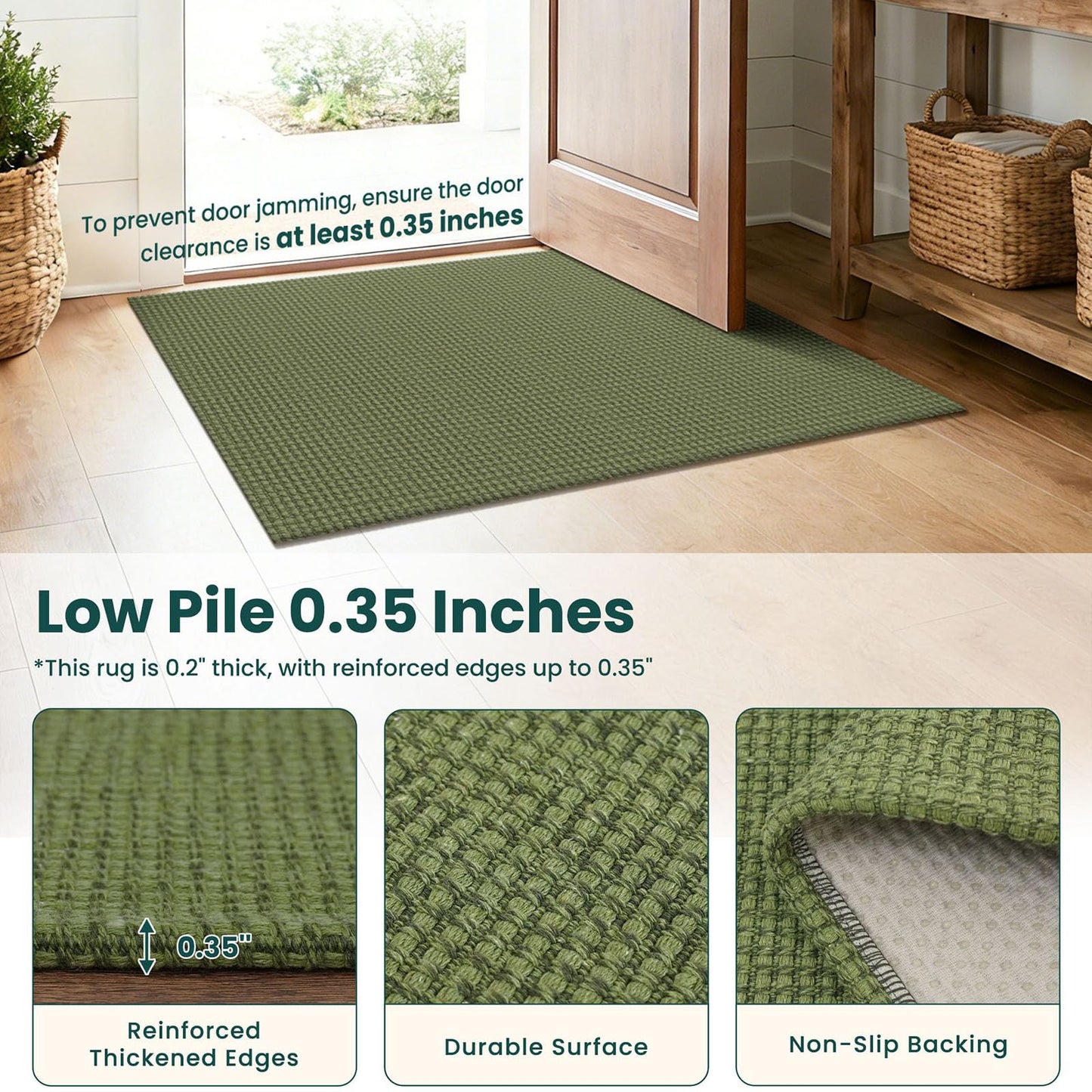 KOZYFLY Indoor Door Mat 2x3 ft Small Area Rugs Washable Front Door Mat Non Slip Rubber Backed Entryway Rug Cotton Entrance Doormat for Front Porch Kitchen Bedroom, Olive Green/Earthy Green