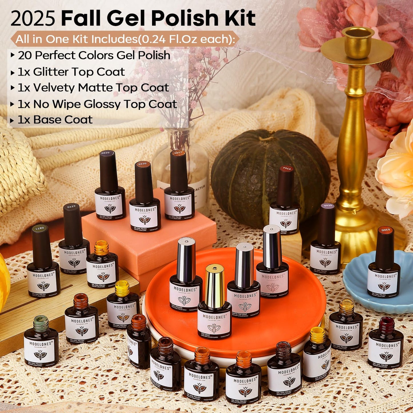 modelones 24PCS Gel Nail Polish Set, Fall Winter Cat Eye Shimmer Gel Polish Kit Soak Off with Glitter, Glossy and Matte Top Base Coat DIY Manicure at Home