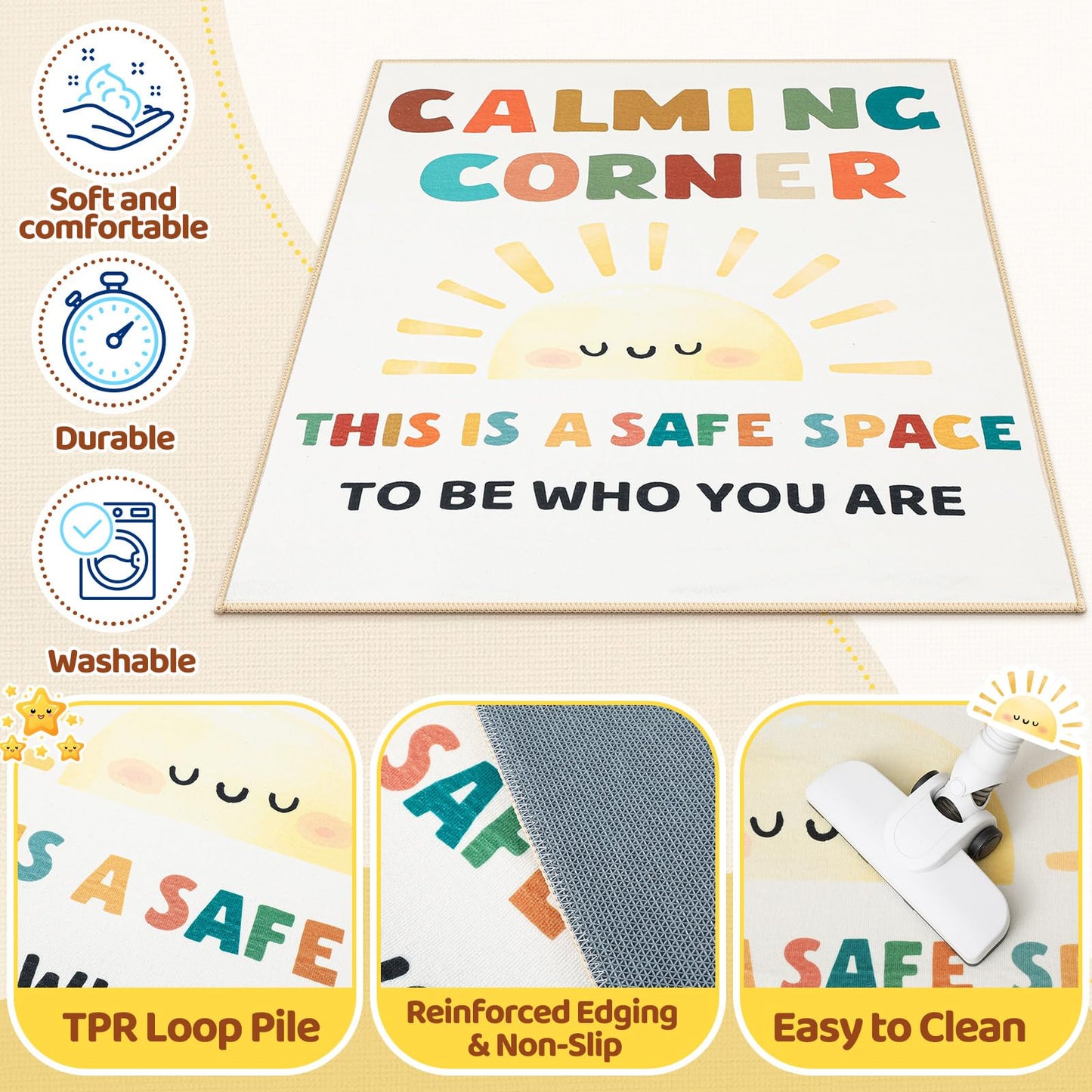 Maasechs 3 x 4 ft Calming Corner Classroom Rug, Sunshine Boho Area Carpet Corner Items Rug Educational Soft Floor Mat for Nursery Homeschool Playroom Elementary Back to School(Morandi)