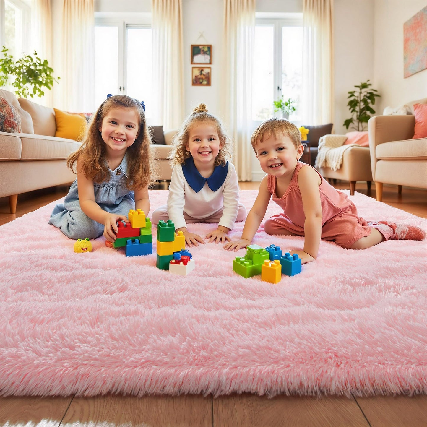 Keeko Fluffy Pink Area Rugs for Bedroom Girls Room, 4x5.3 Cute Shag Kids Room Rugs Nursery Living Room Indoor Fuzzy Bedside Rug Ultra Soft Furry Carpet for Bedroom Teen Baby Dorm Decor