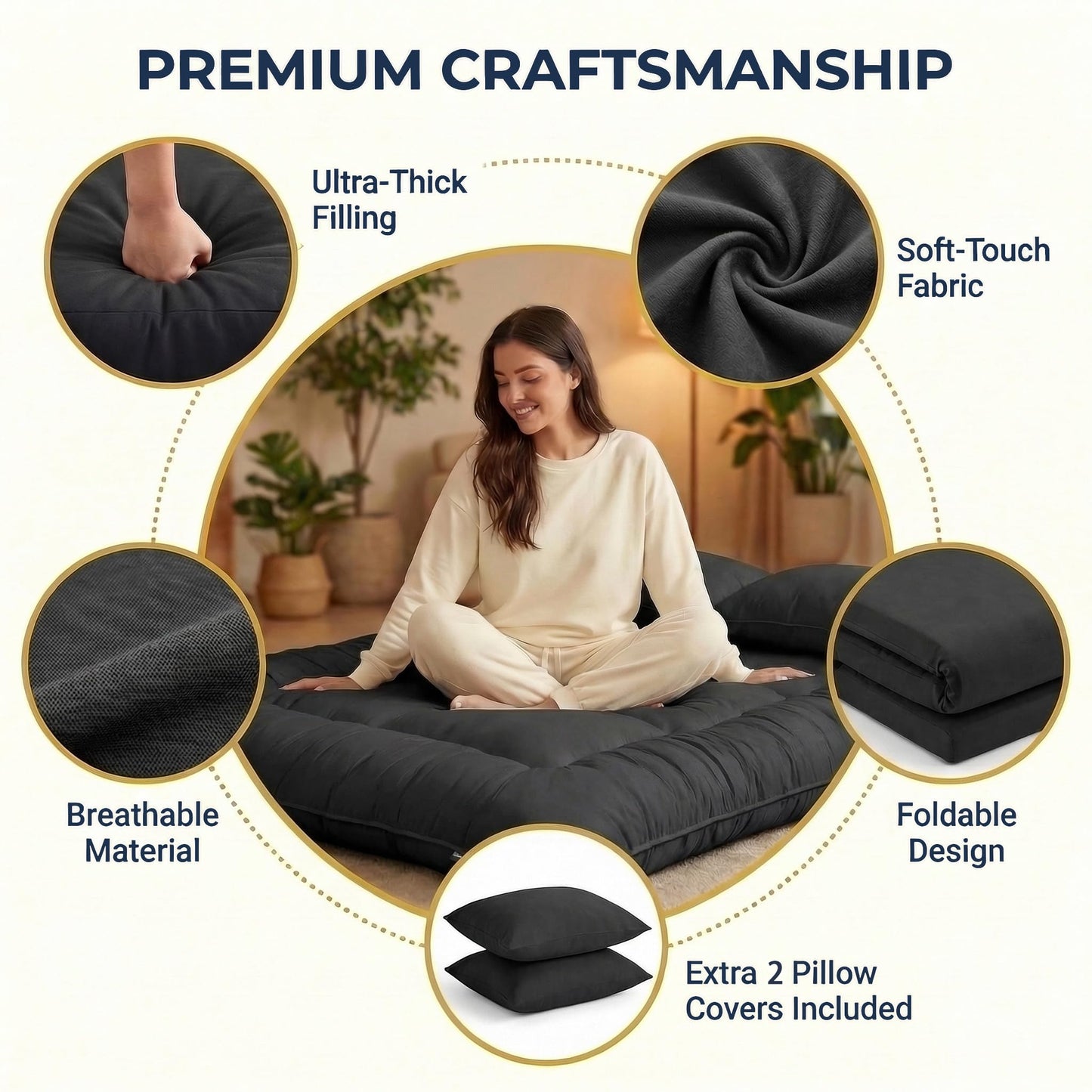Cosovia Japanese Floor Mattress Futon Mattress, 3.5 Inch Thick Foldable Roll Up Tatami Mat with 2 Pillow Covers, Twin Size Floor Bed for Guest Room Dorm Camping Kids, Black