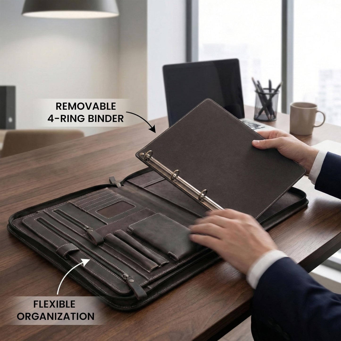 LEATHER VILLAGE Genuine Leather Zipper Portfolio Organizer - Professional Business 4 Ring Binder Padfolio Binder for Documents, Cards, iPad, Tablet, Phone, Resume Folder, Folio for Men & Women -Brown